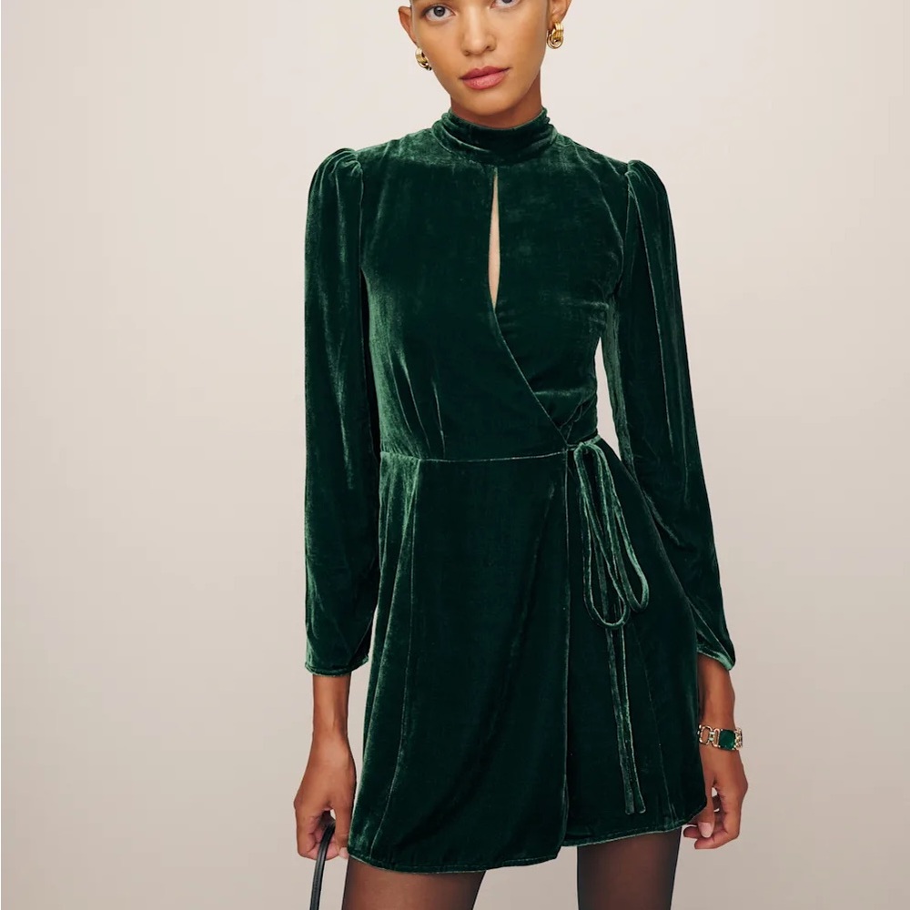 Reformation Emerald Green Velvet Wrap Long-Sleeve Mini Dress Ottess Dress Forest